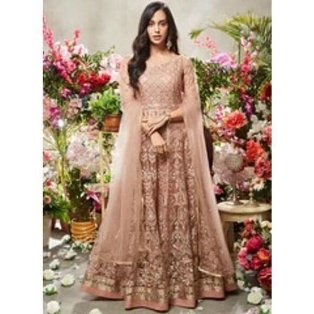 Dusty Mauve Embroidered Net Anarkali Bollywood Dress